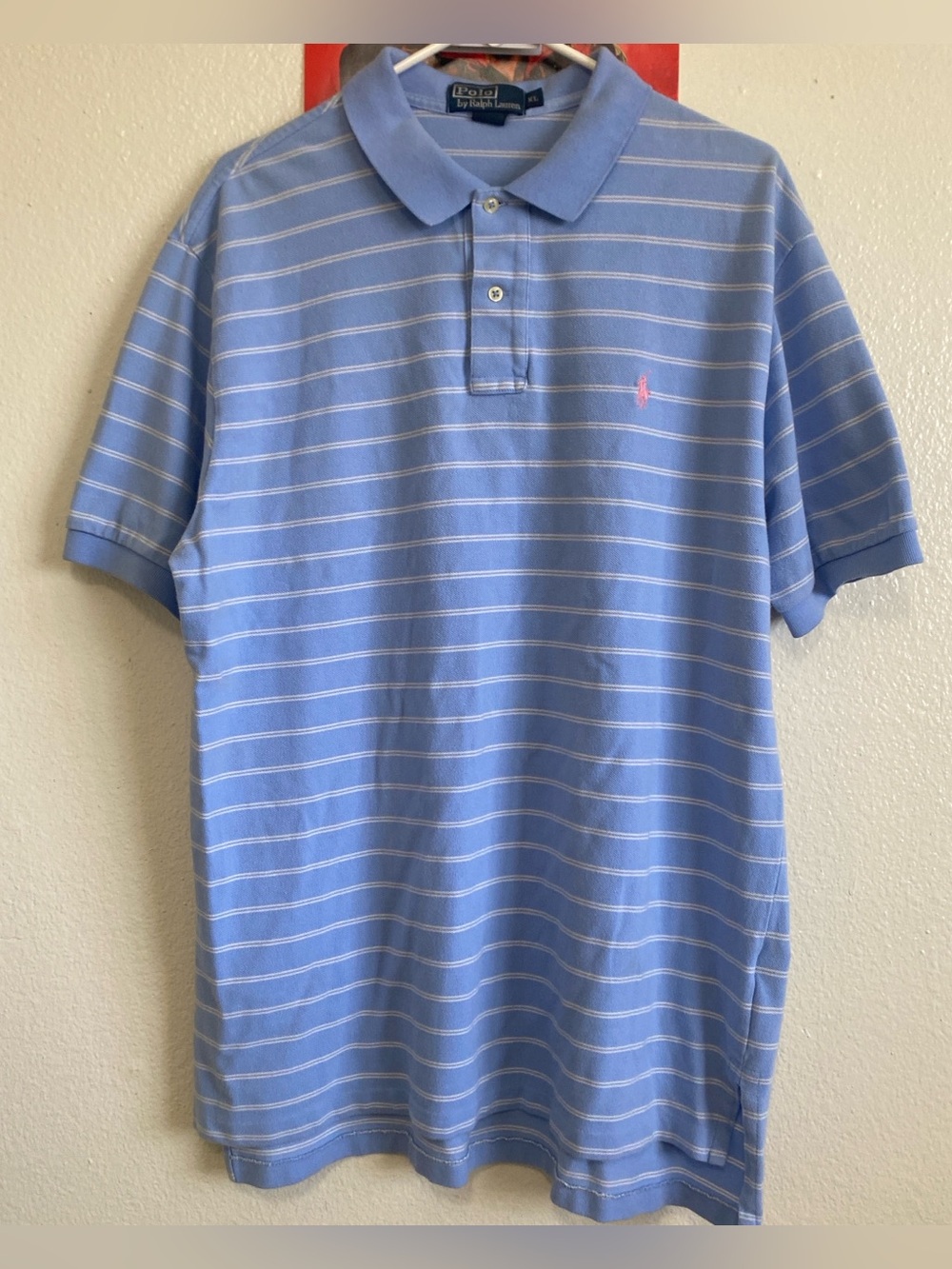 Vintage Ralph Lauren Light Blue Polo with White Stripes and Pink Pony Men’s XL